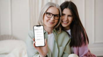 Ältere Frau hält ihr Smartphone in die Kamera.